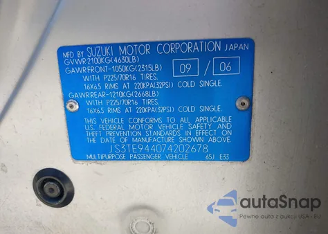 2007 Suzuki Grand Vitara Xsport from USA, damaged, VIN JS3TE944074202678